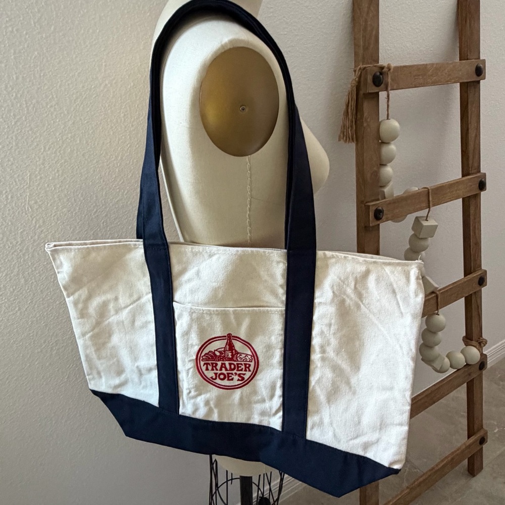 Trader Joe's Classic Large Cream and Dark Blue/Black Reusable Tote Bag